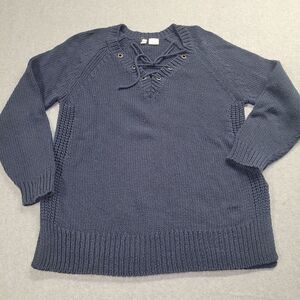 Anthropologie Moth Asbury‎ Large Navy Blue Cotton Blend Lace Up Front Sweater